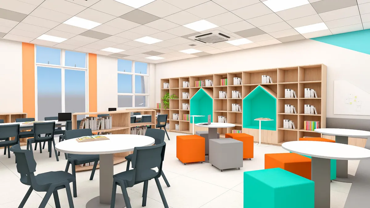 Perspectiva 3D de biblioteca com estantes em formato de casinhas, mesas redondas brancas, cadeiras cinza e pufes coloridos.
