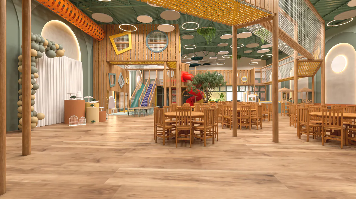 Buffet infantil com conceito rústico e biofílico.